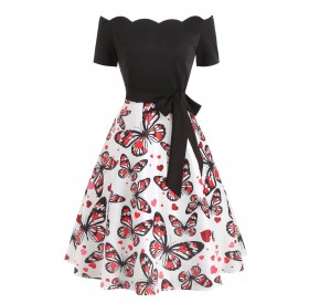 Vintage Scalloped Butterfly Print Dress - Black L