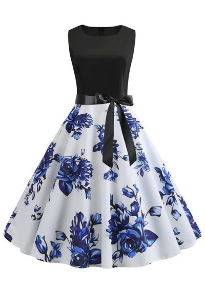 Flower Print Belted Knee Length Vintage Dress - Blue L