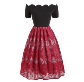 Scalloped Lace Insert Short Sleeve Vintage Dress - Red S