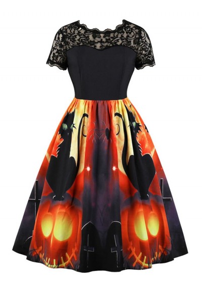 Lace Panel Pumpkin Print Round Neck Halloween Dress - Black S