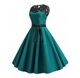 Retro Sleeveless Lace Insert Pin Up Dress - Dark Turquoise S