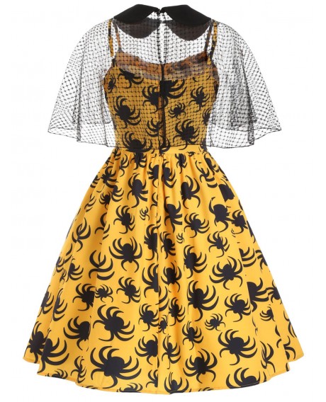 Halloween Spider Print Cami Dress and Collared Mesh Poncho - Orange Gold L