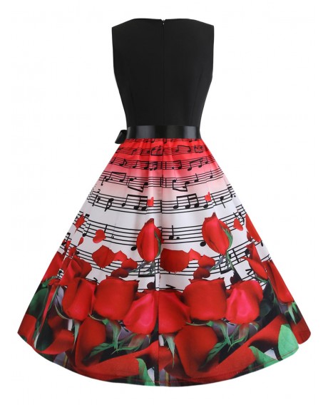 Rose Print Vintage A Line Dress - Rosso Red 2xl