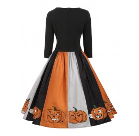 Halloween Pumpkin Ghost Print Midi Dress -  M
