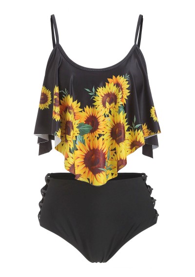 Sunflower Flounce Lattice Tankini Swimsuit - Black S