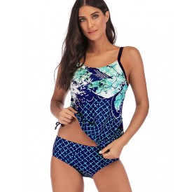 Knotted Printed Padded Tankini Swimsuit - Turquoise M