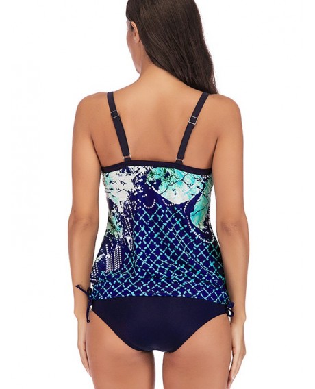 Knotted Printed Padded Tankini Swimsuit - Turquoise M