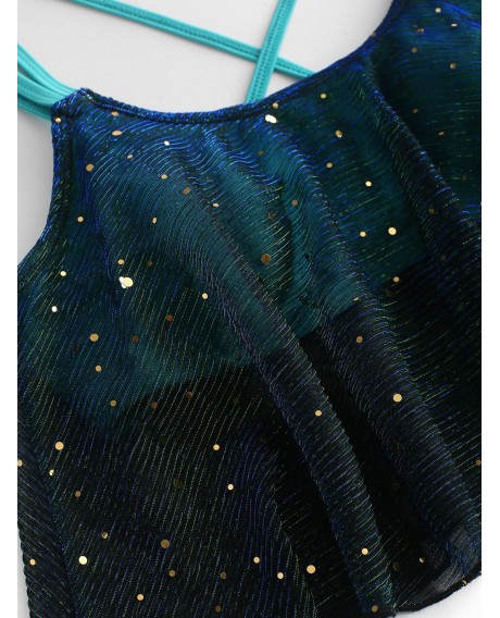 Criss Cross Sequined Flounce High Rise Tankini Swimsuit - Medium Turquoise L