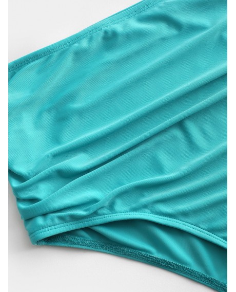Criss Cross Sequined Flounce High Rise Tankini Swimsuit - Medium Turquoise L