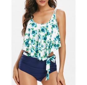 Floral Print Belted Overlay Tankini Swimsuit - Navy Blue S