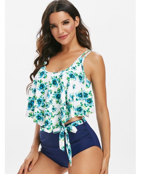 Floral Print Belted Overlay Tankini Swimsuit - Navy Blue S