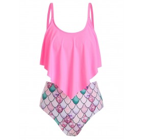 Flounce Scale Print Mermaid Tankini Swimsuit - Pink S