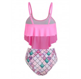 Flounce Scale Print Mermaid Tankini Swimsuit - Pink S