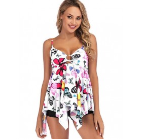 Knotted Butterfly Print Asymmetric Tankini Swimsuit - White S