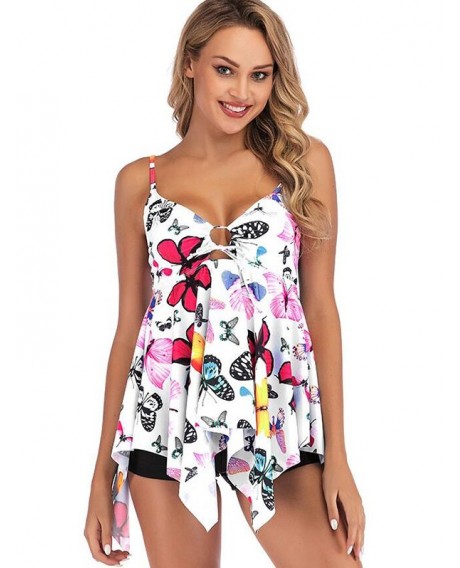 Knotted Butterfly Print Asymmetric Tankini Swimsuit - White S