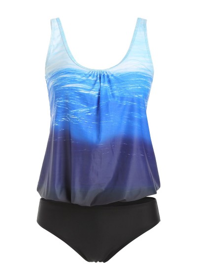 Ombre Color Top With Briefs Tankini Set - Ocean Blue M