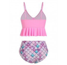 Knot Flounce Scale Print Mermaid Tankini Swimsuit - Pink S