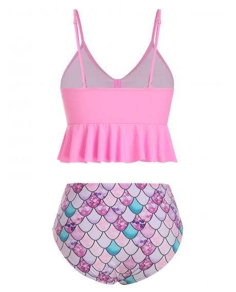 Knot Flounce Scale Print Mermaid Tankini Swimsuit - Pink S