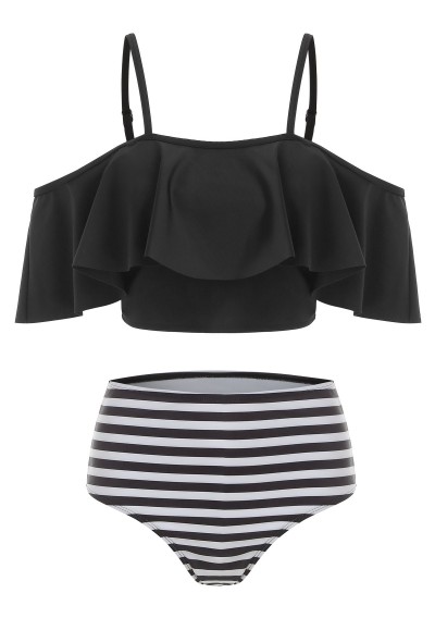 Striped Overlay Cami Tankini Swimsuit - Black M