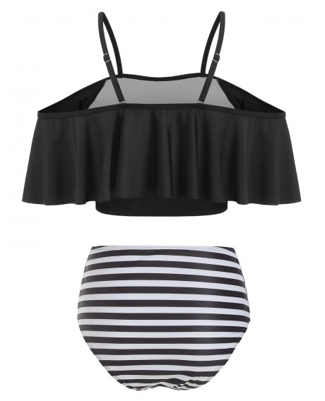Striped Overlay Cami Tankini Swimsuit - Black M