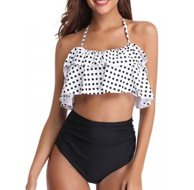 Knotted Back Polka Dot Tiered Tankini Set - White M
