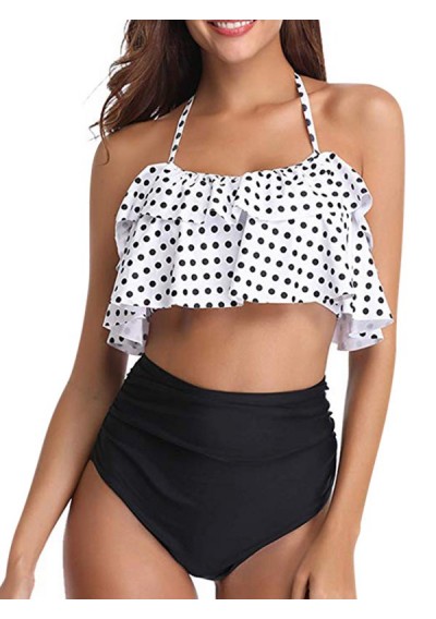 Knotted Back Polka Dot Tiered Tankini Set - White M
