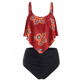 Sunflower Flounce Ruched High Waisted Tankini Swimsuit - Red S