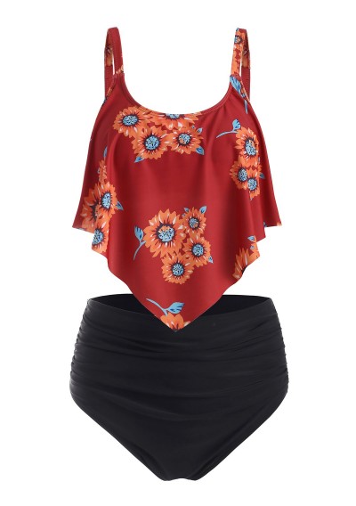 Sunflower Flounce Ruched High Waisted Tankini Swimsuit - Red S