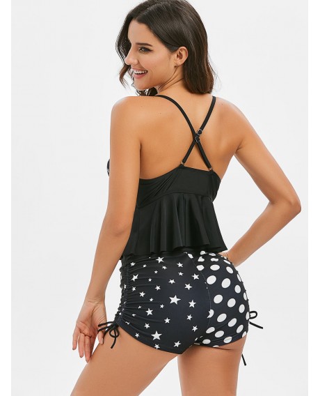Ruffles Knotted Dotted Star Tankini Swimsuit - Black M