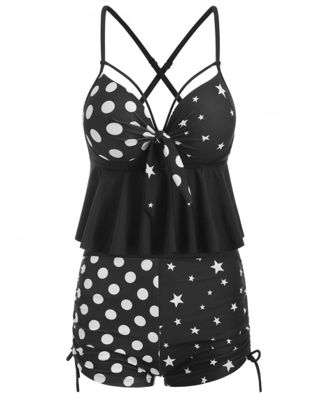 Ruffles Knotted Dotted Star Tankini Swimsuit - Black M