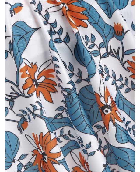 Floral Print Cut Out Overlay Tankini Set - Pumpkin Orange M