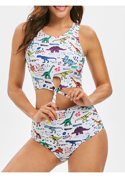 Dinosaur Print Ruched Crop Top Tankini Swimwear - White M