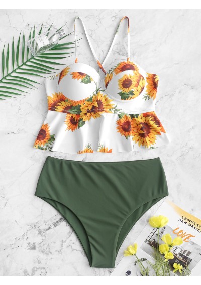 Sunflower Lace-up Underwire Peplum Tankini Swimsuit -  S