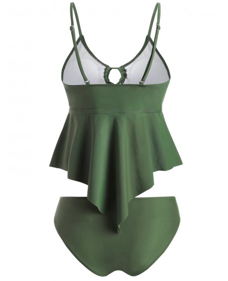 Tie Asymmetrical Hem Tankini Swimsuit - Hazel Green S