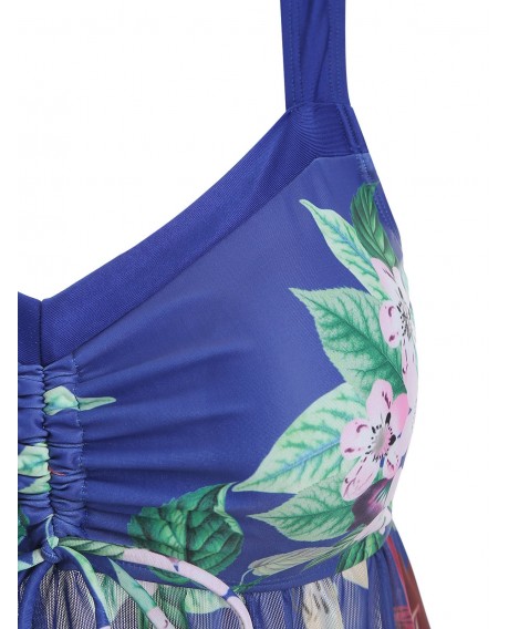 Floral Cinched Keyhole Back Tankini Swimwear - Deep Blue L