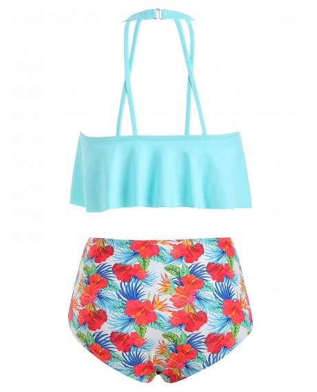 Lattice Cut Out Floral Padded Tankini Swimwear - Day Sky Blue S
