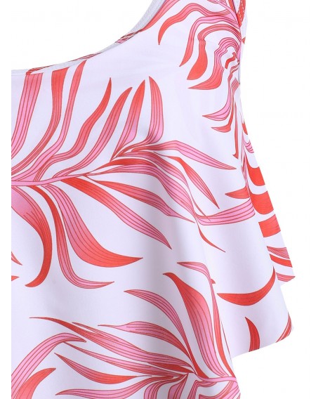 Leaf Print Flounce High Waisted Tankini Swimsuit - Red S