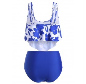 Floral Flounce Ruched High Waisted Tankini Swimsuit - Cobalt Blue M