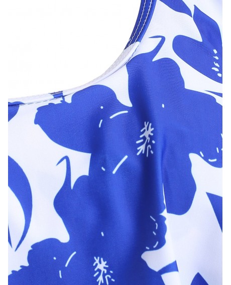 Floral Flounce Ruched High Waisted Tankini Swimsuit - Cobalt Blue M
