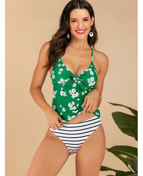 Tiny Floral Striped Padded Tankini Swimsuit - Green Xl
