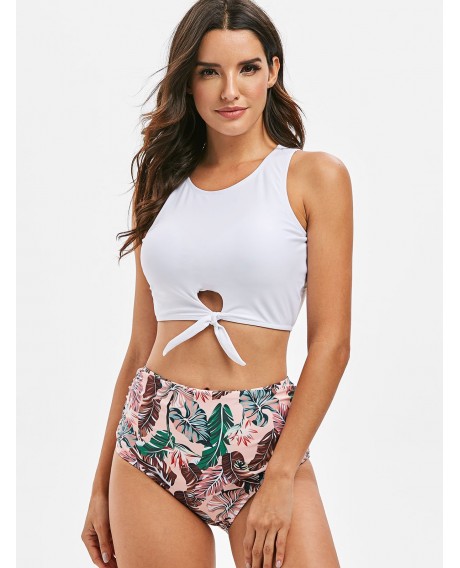 Ruched Leaves Print Crop Top Tankini Swimsuit - White Xl