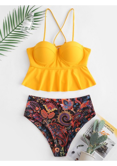 Crisscross Paisley Print Underwire Peplum Tankini Swimsuit - Yellow S