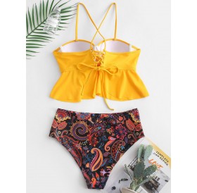Crisscross Paisley Print Underwire Peplum Tankini Swimsuit - Yellow S