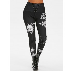 Skull Floral Print High Waisted Lace Up Pants - Black S