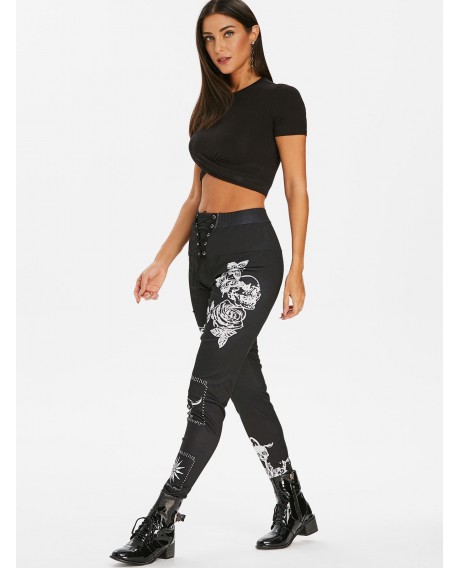 Skull Floral Print High Waisted Lace Up Pants - Black S