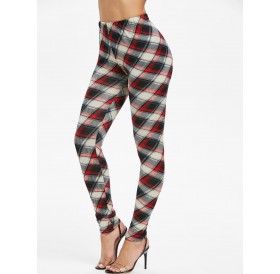 Elastic Waist Checked Pencil Pants - Red Wine M