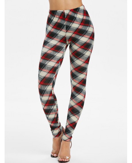 Elastic Waist Checked Pencil Pants - Red Wine M