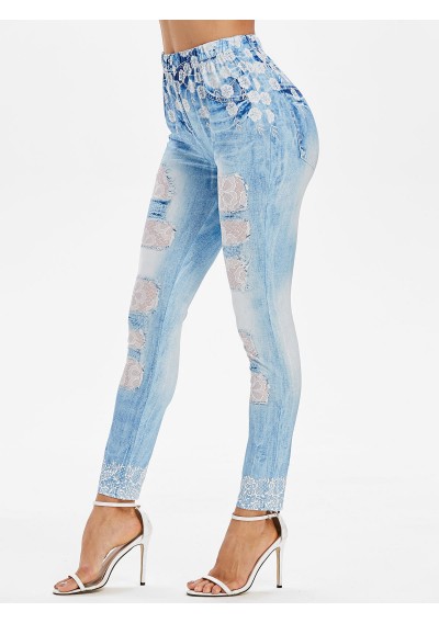 Floral Lace Panel Print Skinny Faux Jeans - Jeans Blue L