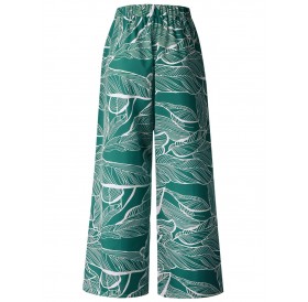 High Waist Leaves Print Wide Leg Pants - Green M