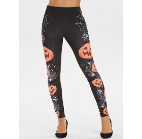 Halloween Pumpkin Print Skinny High Waisted Pants - Black M